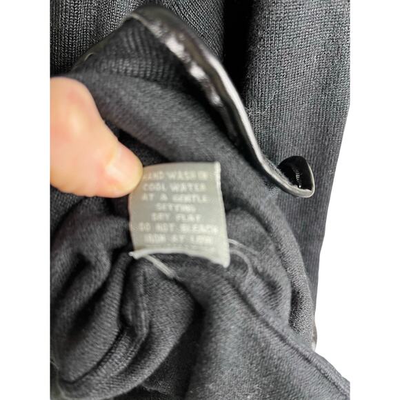 Neiman Marcus Cardigan Sweater Women L Black Open Ruffle Front Faux Leather Trim - Picture 7 of 8